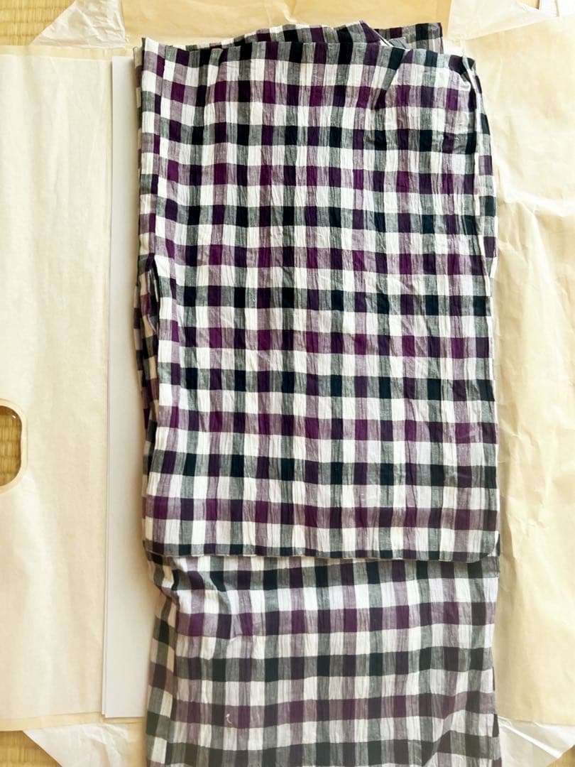 【値下げ】紫と黒と白の格子柄 浴衣　近江ちぢみ　綿麻　藤工房