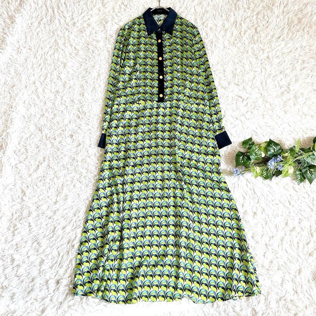 美品⁂アルアバイル⁂長袖シャツロングワンピース　リーフジオメトリック　総柄　M