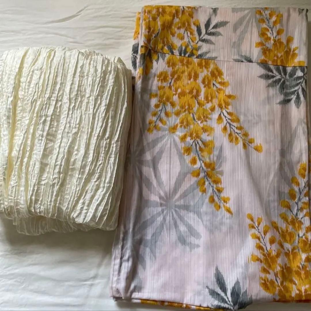 maru×utatane 浴衣3点セット ほぐし麻の葉としだれ藤 マスタード