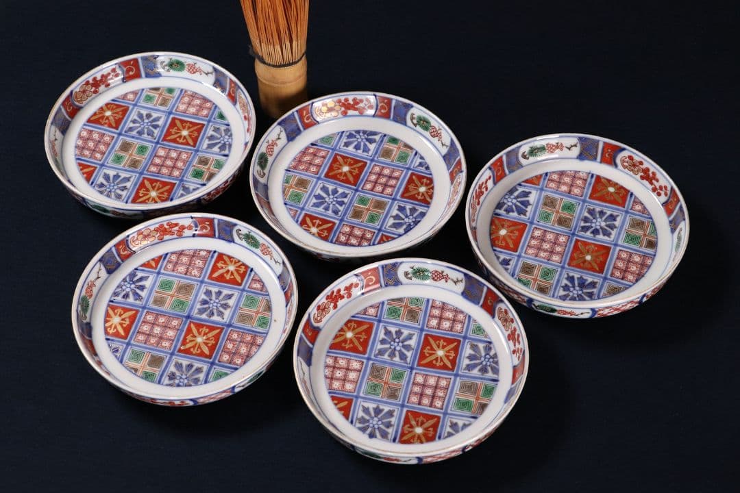 時代 大聖寺伊万里 奇玉宝鼎之珍 錦手小紋小皿 五客 12cm 色絵 MA407