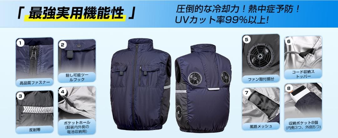 [Hon&Guan] ファン付きベスト 空調ベスト 4ファン　XL