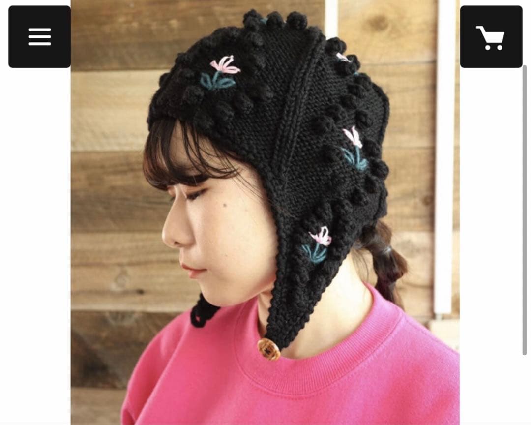 SIILON 黒 花刺繍 耳あて付きニット帽
