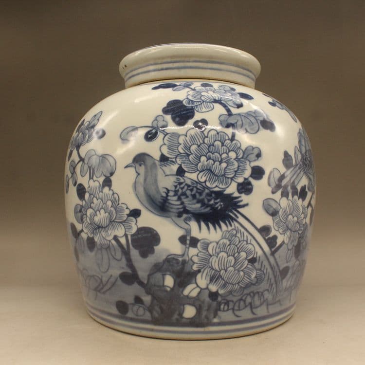 清光緒  鯖牡丹花蓋缶  景徳鎮 陶磁器 装飾品 工芸品美術品 置物