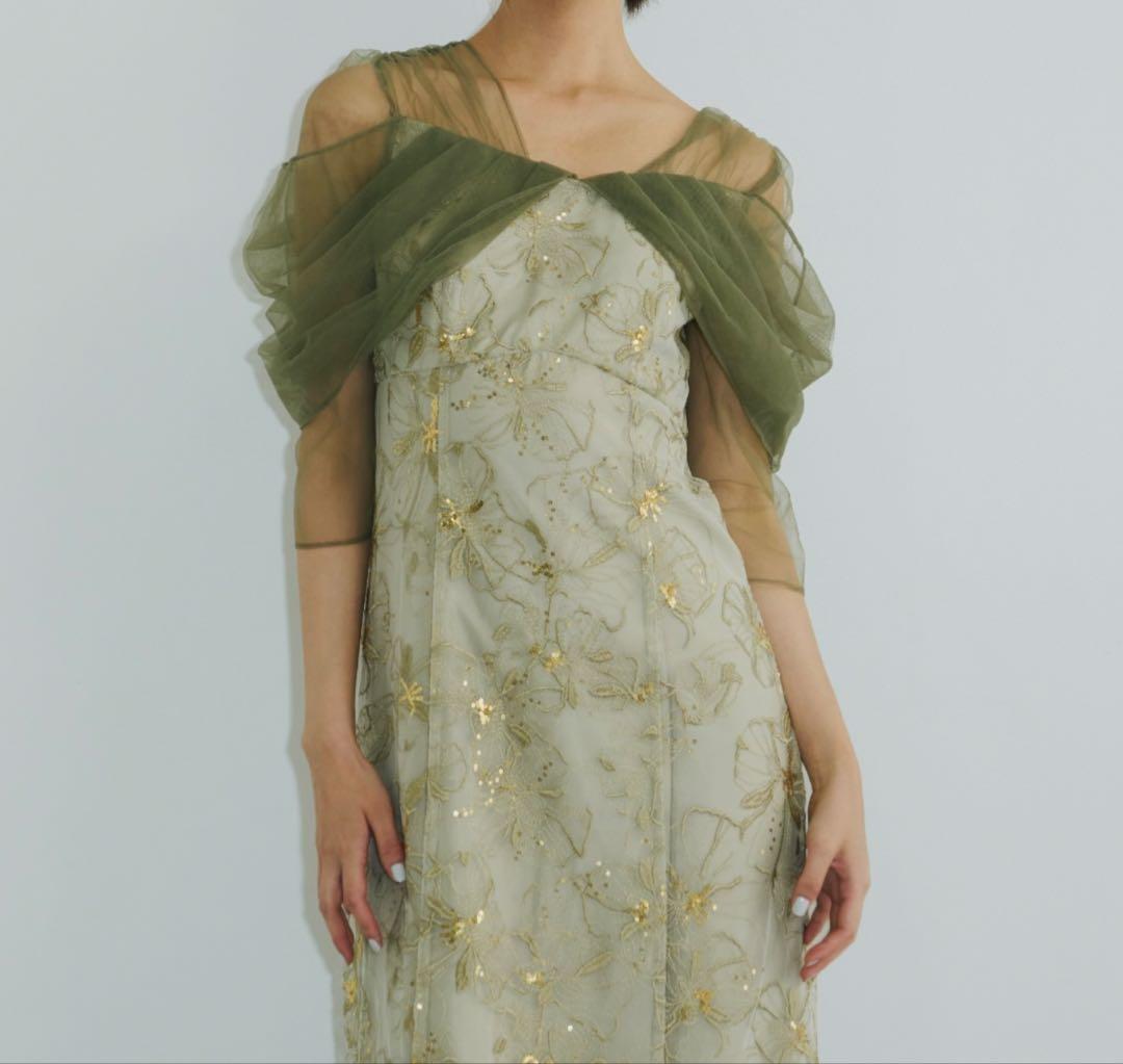 オフショルダースパンコール刺繍レースドレス ライトグリーン