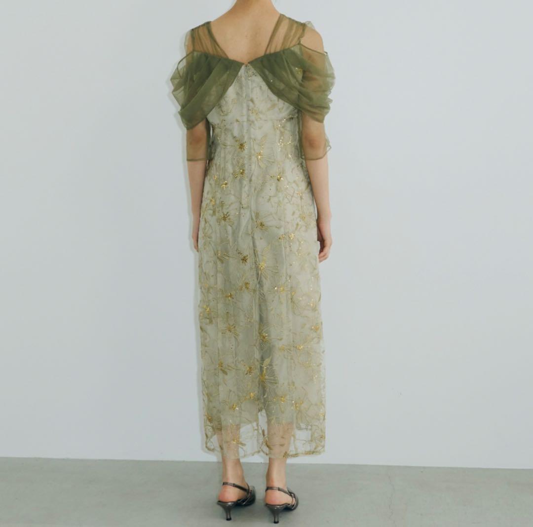 オフショルダースパンコール刺繍レースドレス ライトグリーン