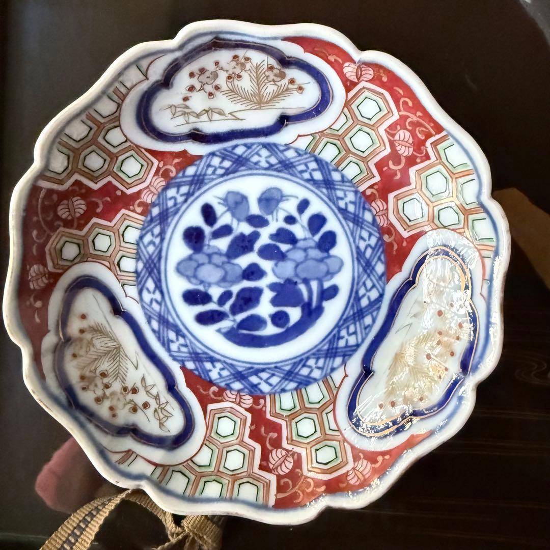 超限定2日20時迄❣旧家蔵出江戸期最上手牡丹と亀甲❌松竹梅大聖寺伊万里小皿5客