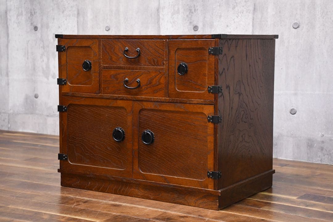 EFK22 民芸家具調 からくり箪笥 金庫付き 隠し抽斗 ケヤキ/欅杢目 小箪笥