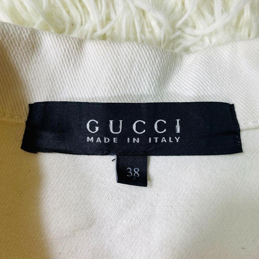美品 GUCCI ホワイト デニムジャケット ロゴ刺繍 Gジャン 金ボタン