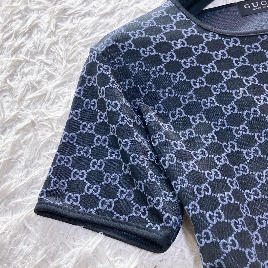グッチ イタリア製 良品 GG柄 総柄 クルーネック カットソー ブラック