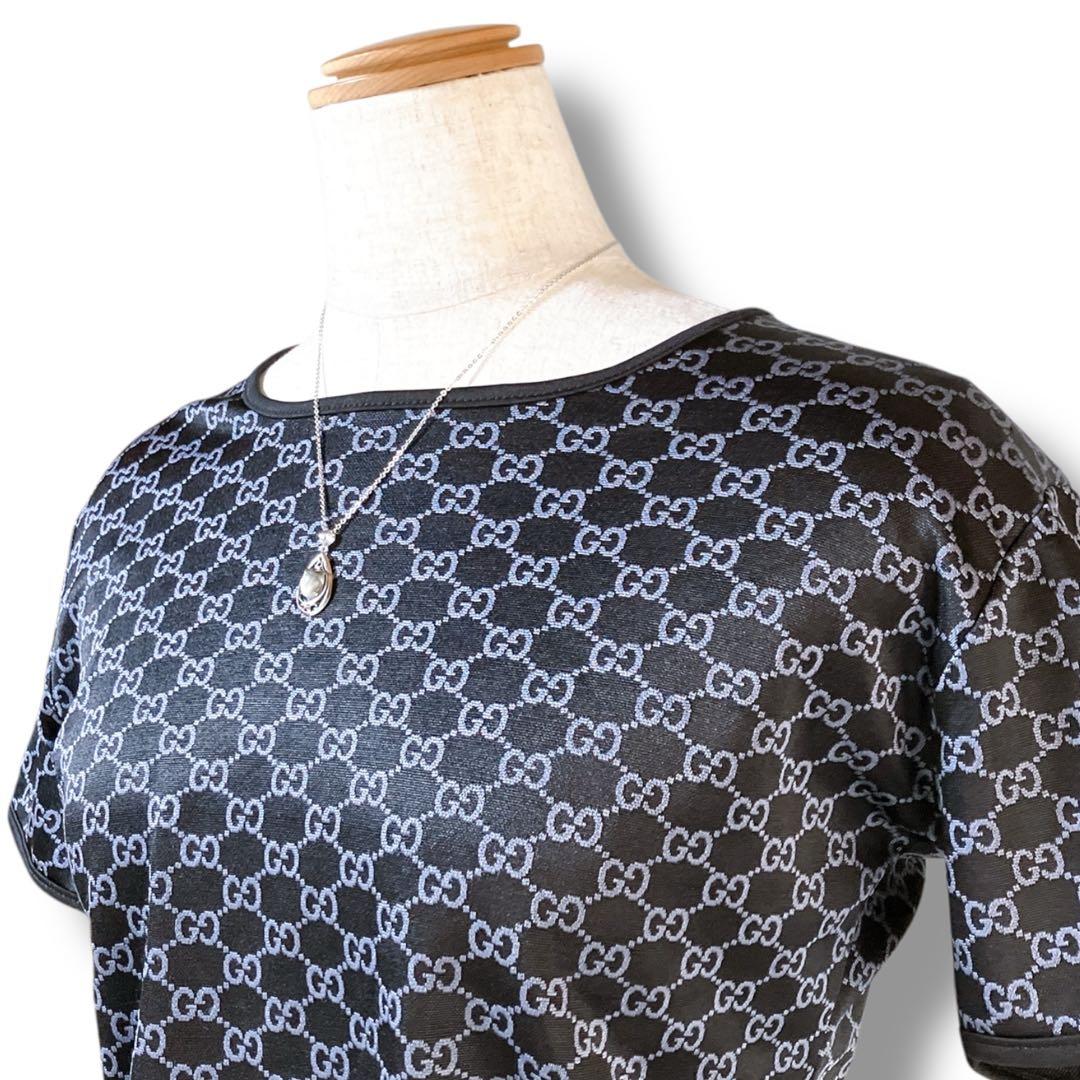 グッチ イタリア製 良品 GG柄 総柄 クルーネック カットソー ブラック