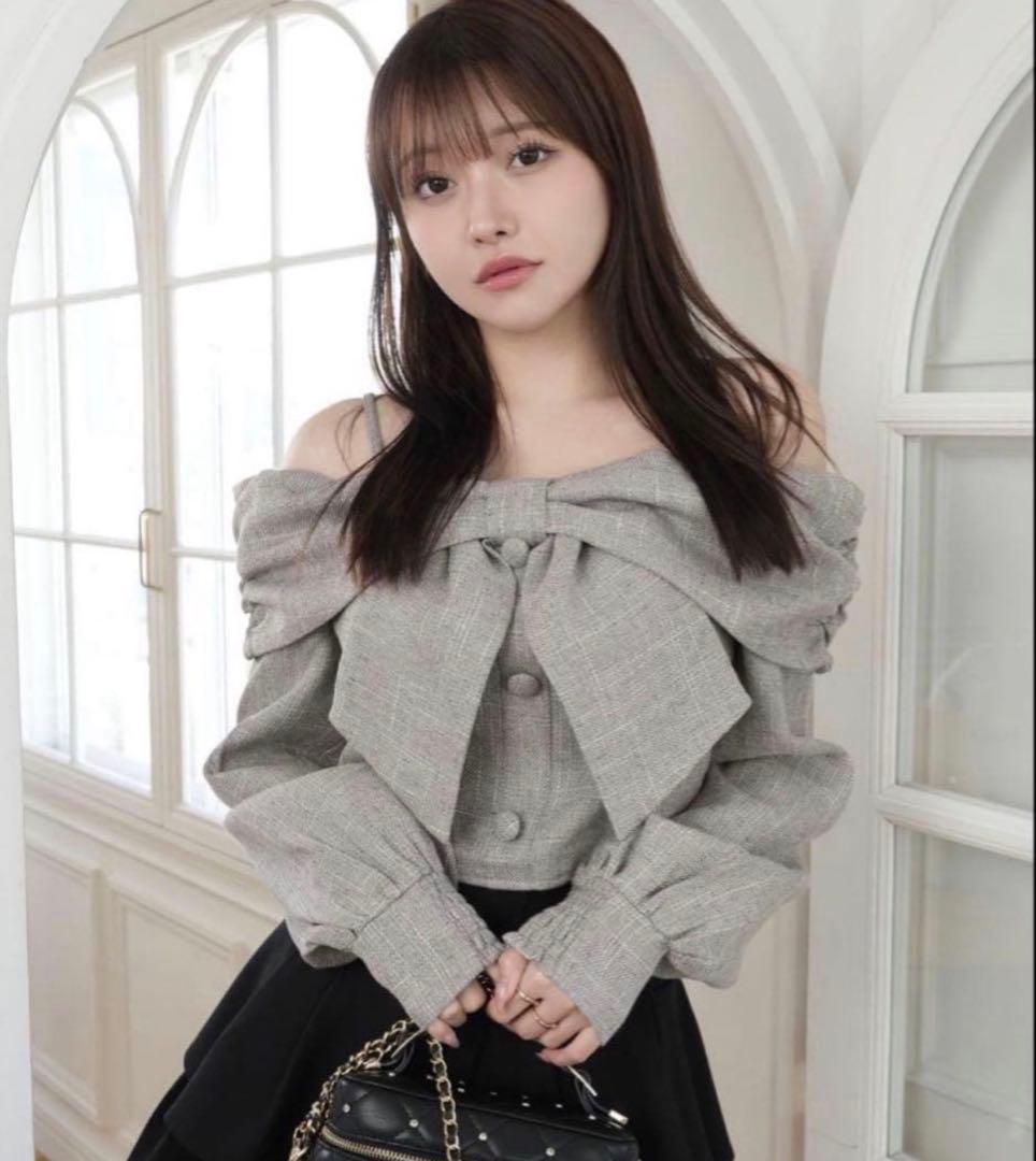 リボンオフショルロングスリーブトップス/LIP SERVICE/グレー