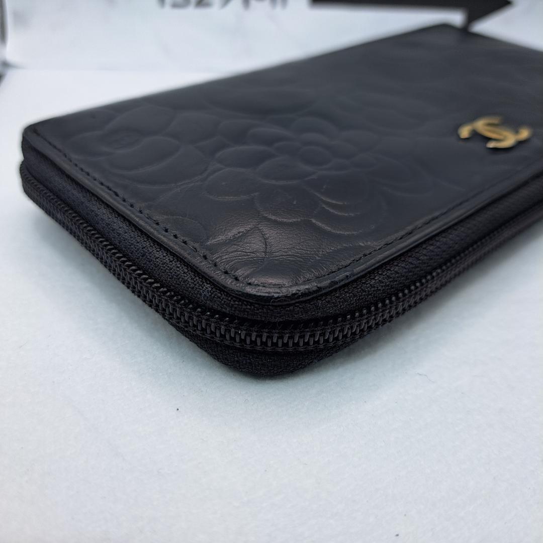 CHANEL　カメリア　ラウンドジップ　ブラック 長財布　ラムスキン