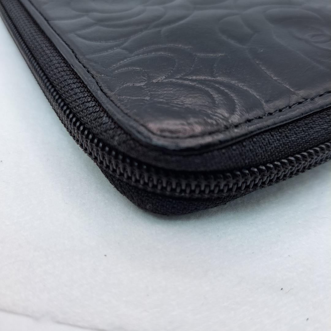 CHANEL　カメリア　ラウンドジップ　ブラック 長財布　ラムスキン