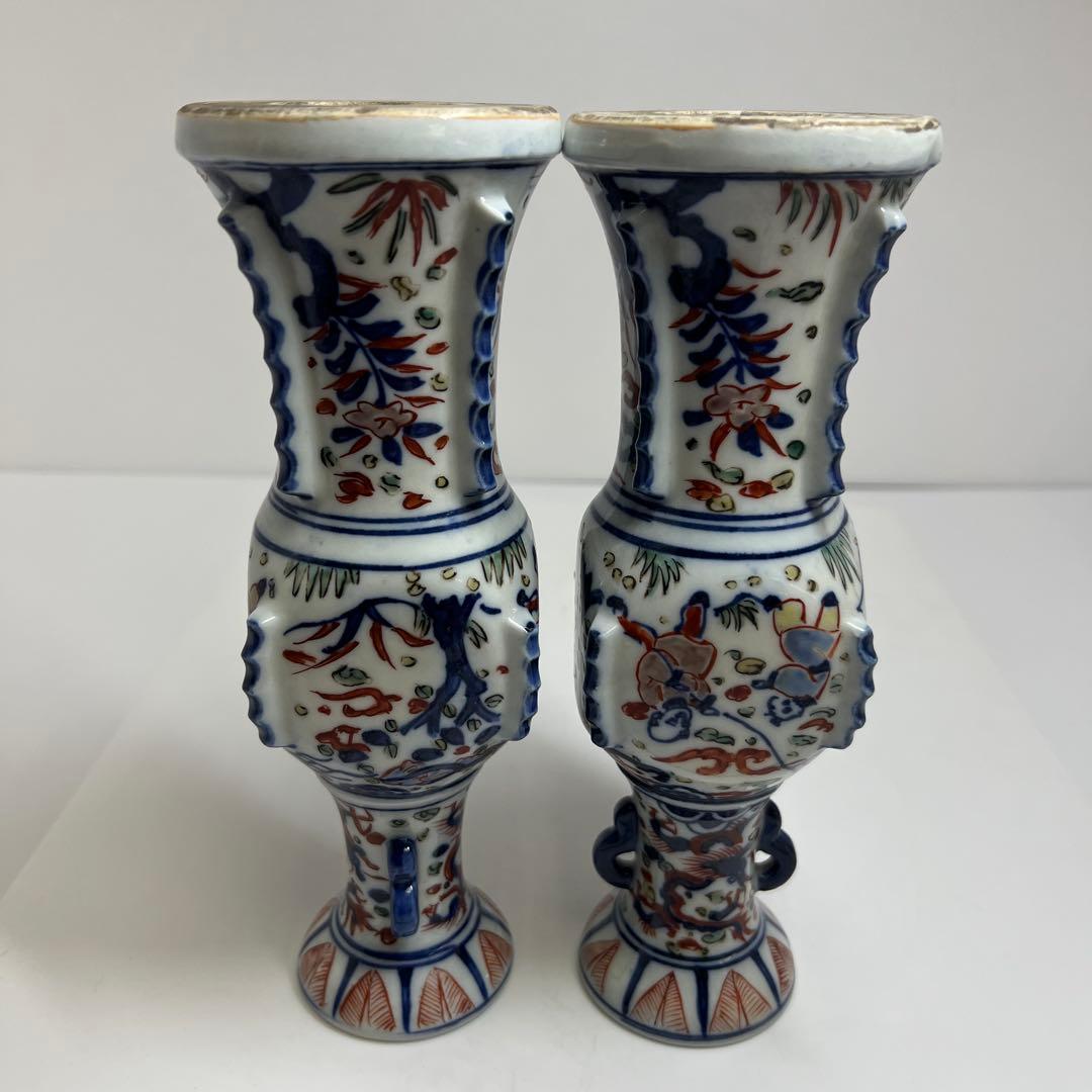 専用中国美術大明萬暦年製　赤絵花入一対　高さ22.5㎝　東Y7-1022①タカチ