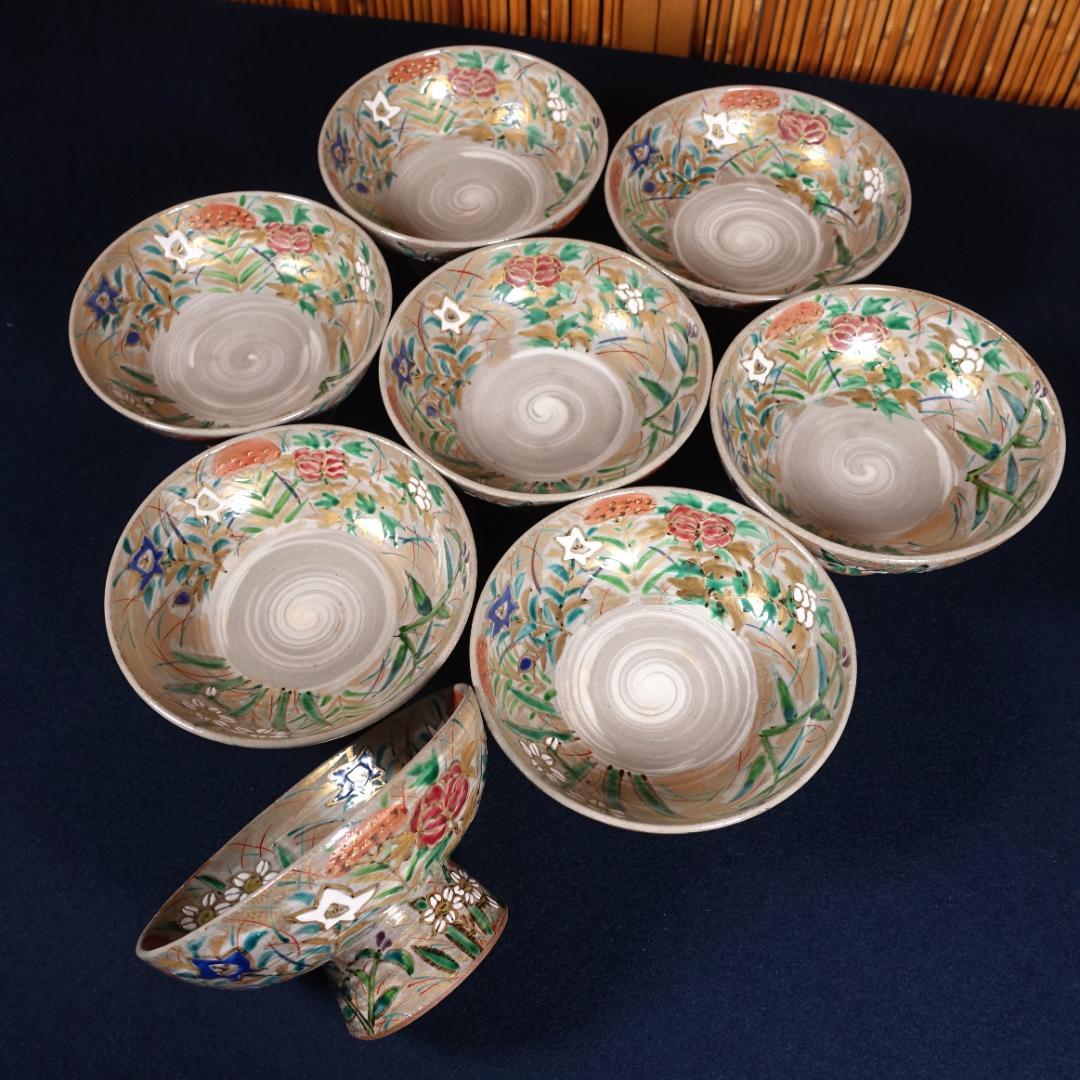 尾形乾山写 京焼名工 馬場京泉 色絵金彩 高台皿 8客