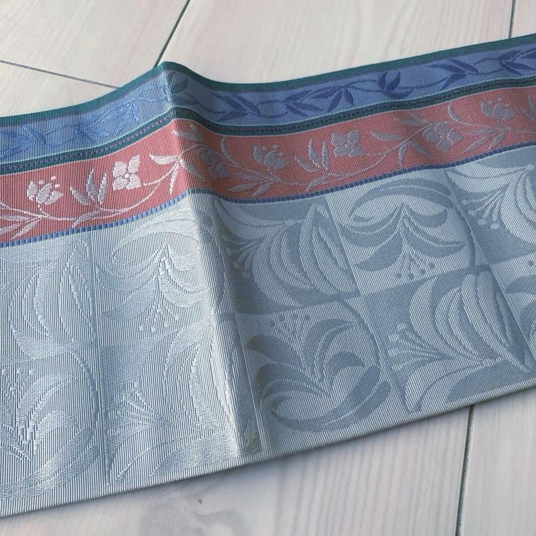 本場筑前博多織　半幅帯　タグ付　花唐草模様　ブルーグレー　No.3-22