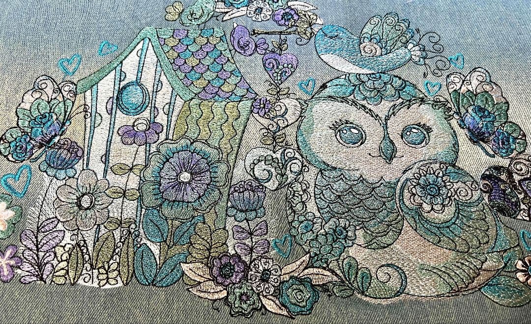 インディゴグラデデニム♡刺繍のふんわり柔らかショルダーバッグ♡フクロウちゃん