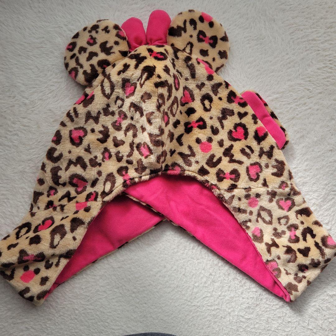 ディズニー　ミニー　ヒョウ柄マフラー　ファンキャップ　マフラーキャップ