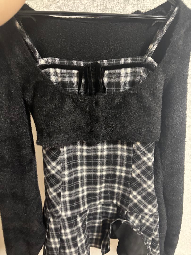 BunnyLis ファーボレロ×チェックミニワンピ ブラック S