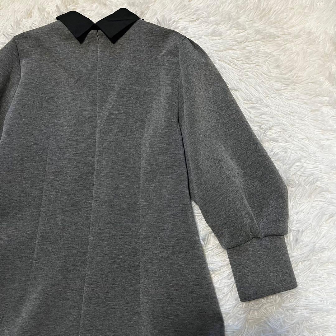極美品 ストラ 2way 衿取り外しパール付き ワンピース フレア グレー 40