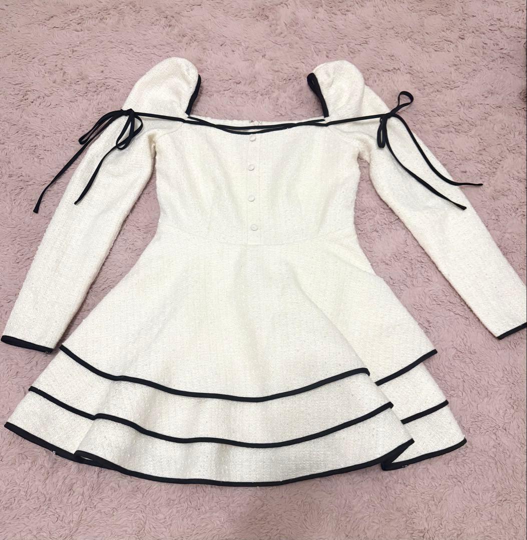 ワンピース Ribbon trim tweed mini onepiece