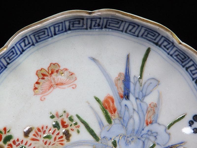 古伊万里　染錦　菖蒲に菊の図　４寸皿　４客　D870AS-BXo