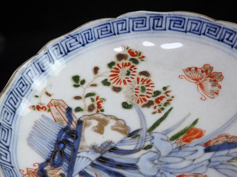 古伊万里　染錦　菖蒲に菊の図　４寸皿　４客　D870AS-BXo