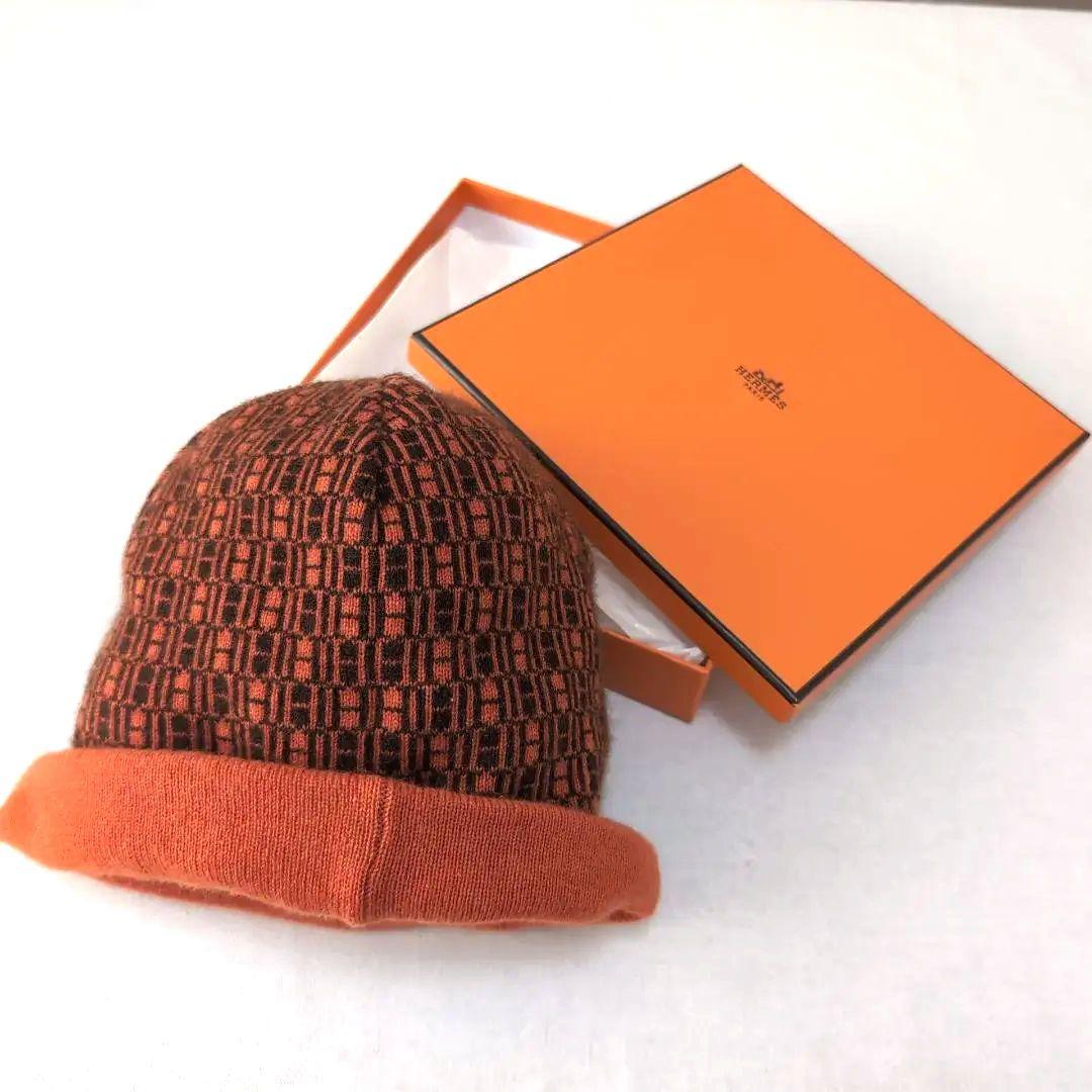 上質カシミヤ100％◆HERMES エルメス ニット帽 総柄ロゴ LA d95