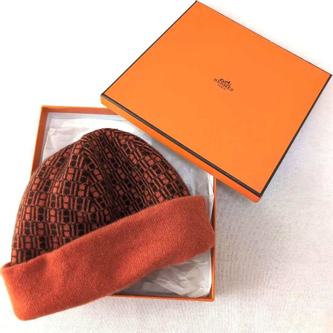 上質カシミヤ100％◆HERMES エルメス ニット帽 総柄ロゴ LA d95