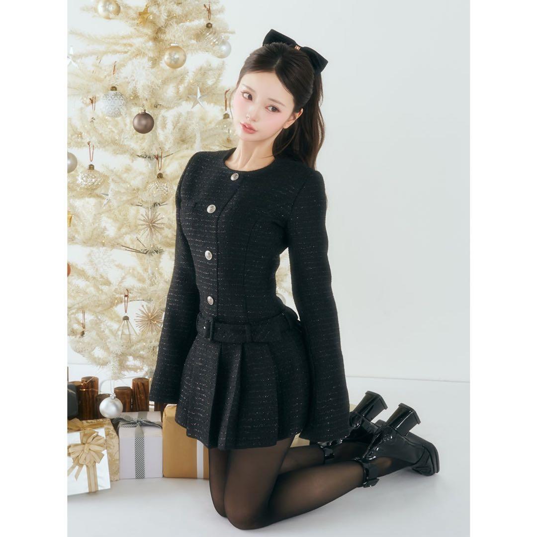 Darich ボックスプリーツツイードミニワンピース ブラック FL