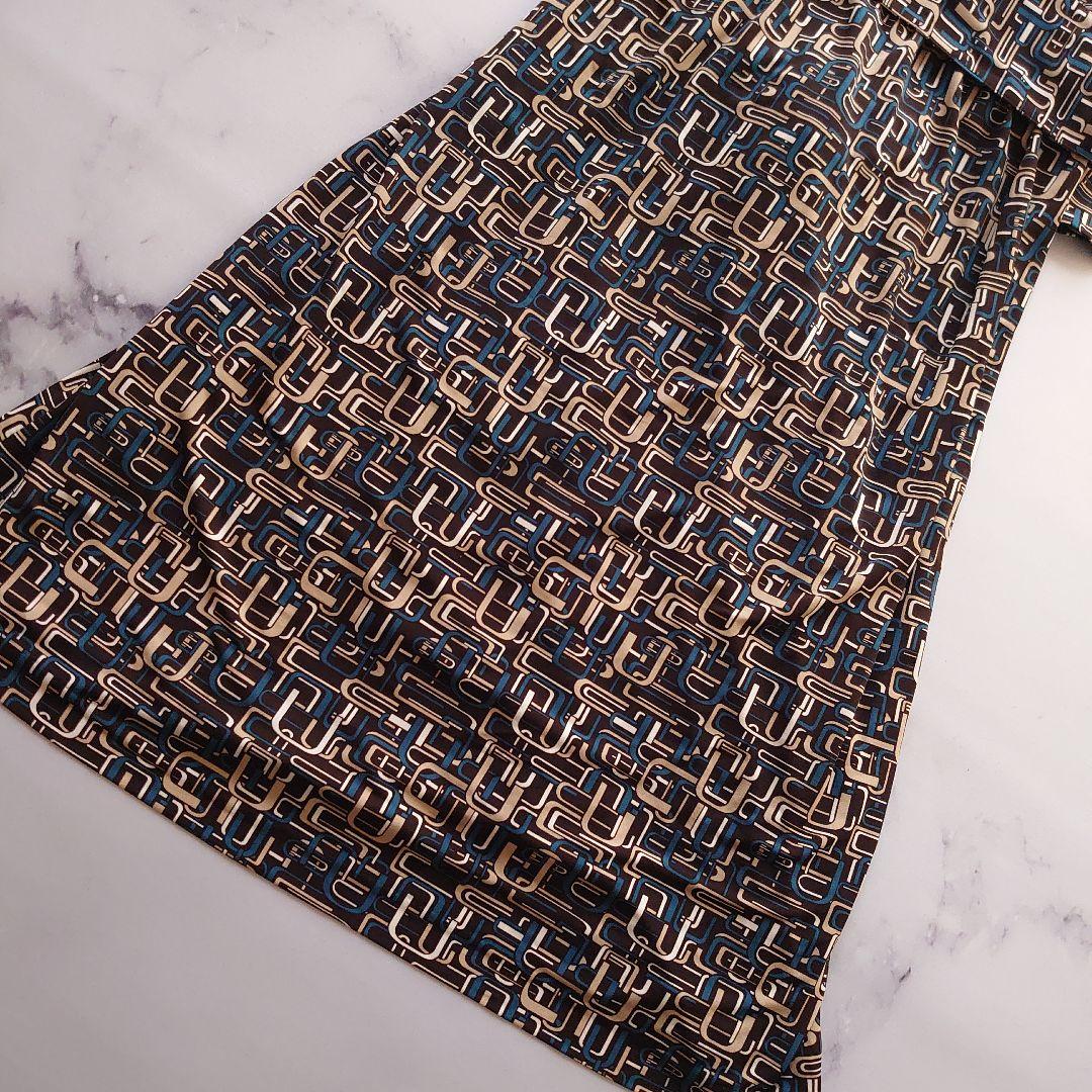 みるレリアン カシュクールワンピース ロング 七分袖 総柄 茶 11 L