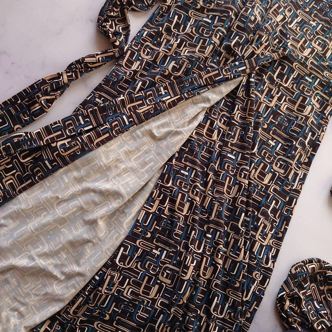 みるレリアン カシュクールワンピース ロング 七分袖 総柄 茶 11 L