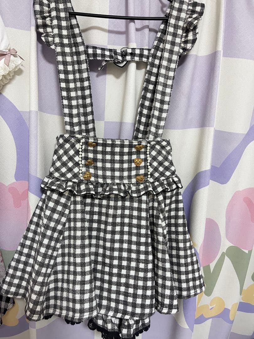 LIZLISA ギンガムツイードサスペンダー付きスカパン ブラック