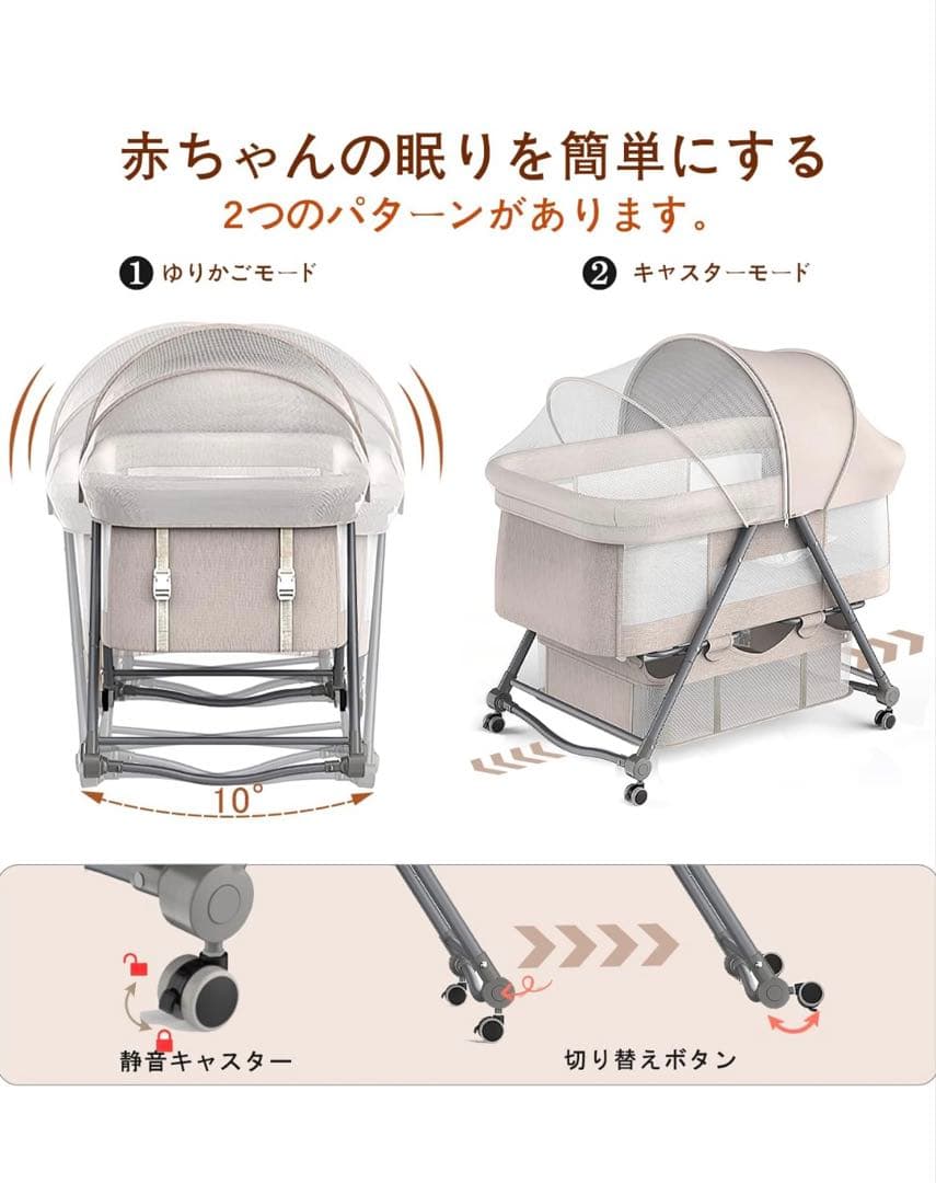 【未使用】UBRAVOO ベビーベッド 折りたたみ キャスター付き ゆりかご