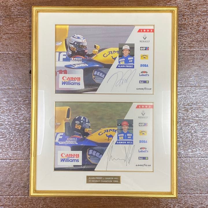 F1ワールドチャンピオンアランプロストとデイモンヒル額付きサイン