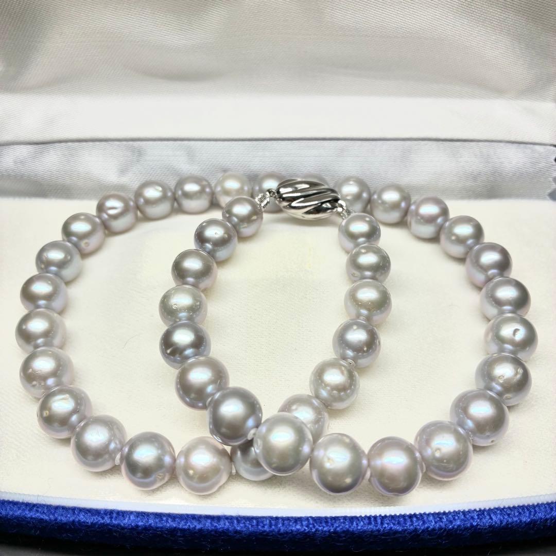 ジュエリーマキ　パールネックレス　リアルパール　グレー系　大珠　箱付