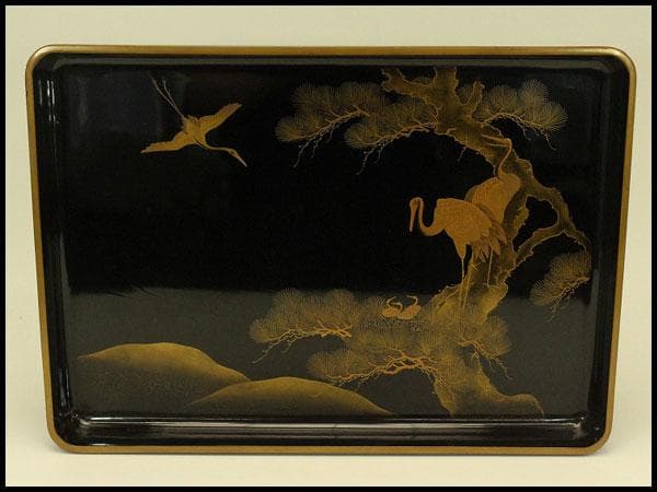 松上鶴蒔絵 四方盆 時代物(A981)