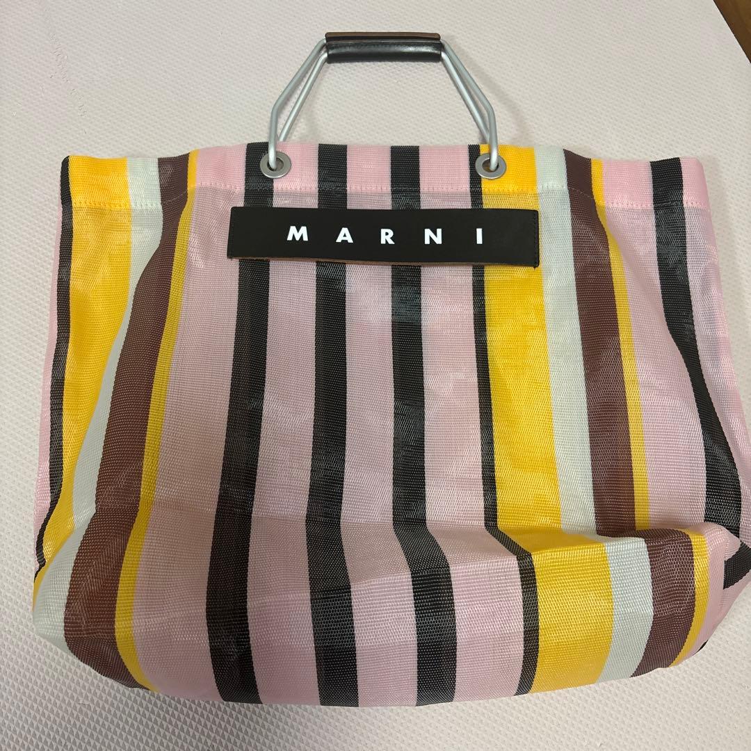 美品⭐️MARNIマルニ布袋付き可愛いピンク系ストライプ　メッシュトートバッグ