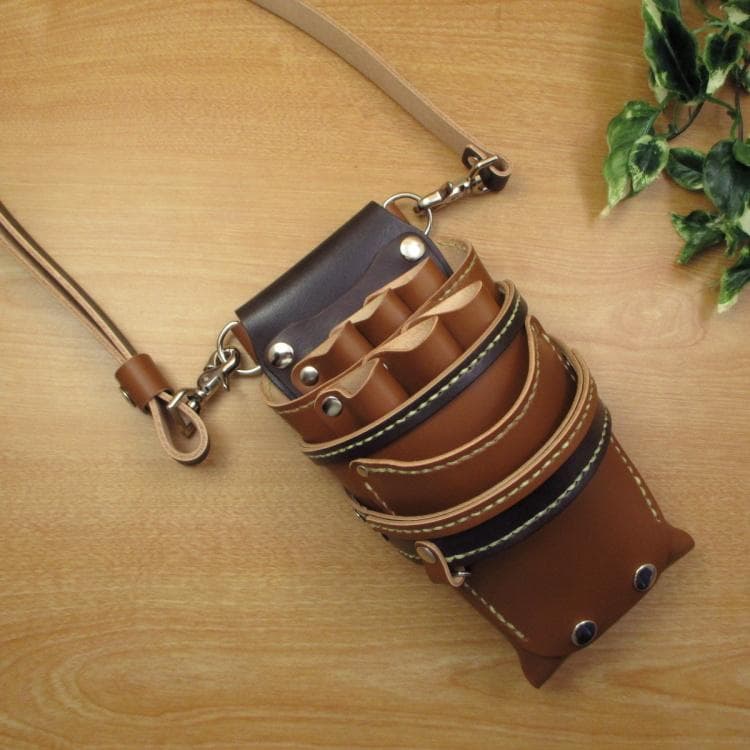 キャメル＆焦げ茶　６丁　革ベルト付き　本革シザーケース　SCL-223/CCB