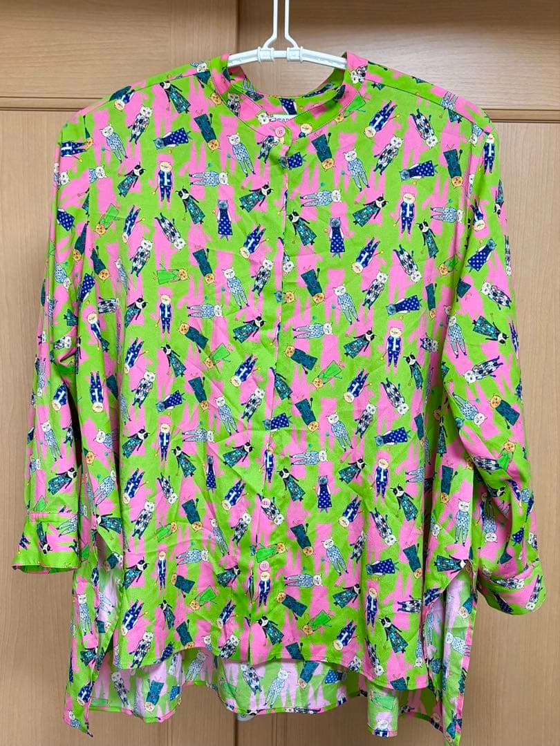 mannine 長袖シャツ 緑・ピンク 猫柄 大きいサイズ プラスサイズ