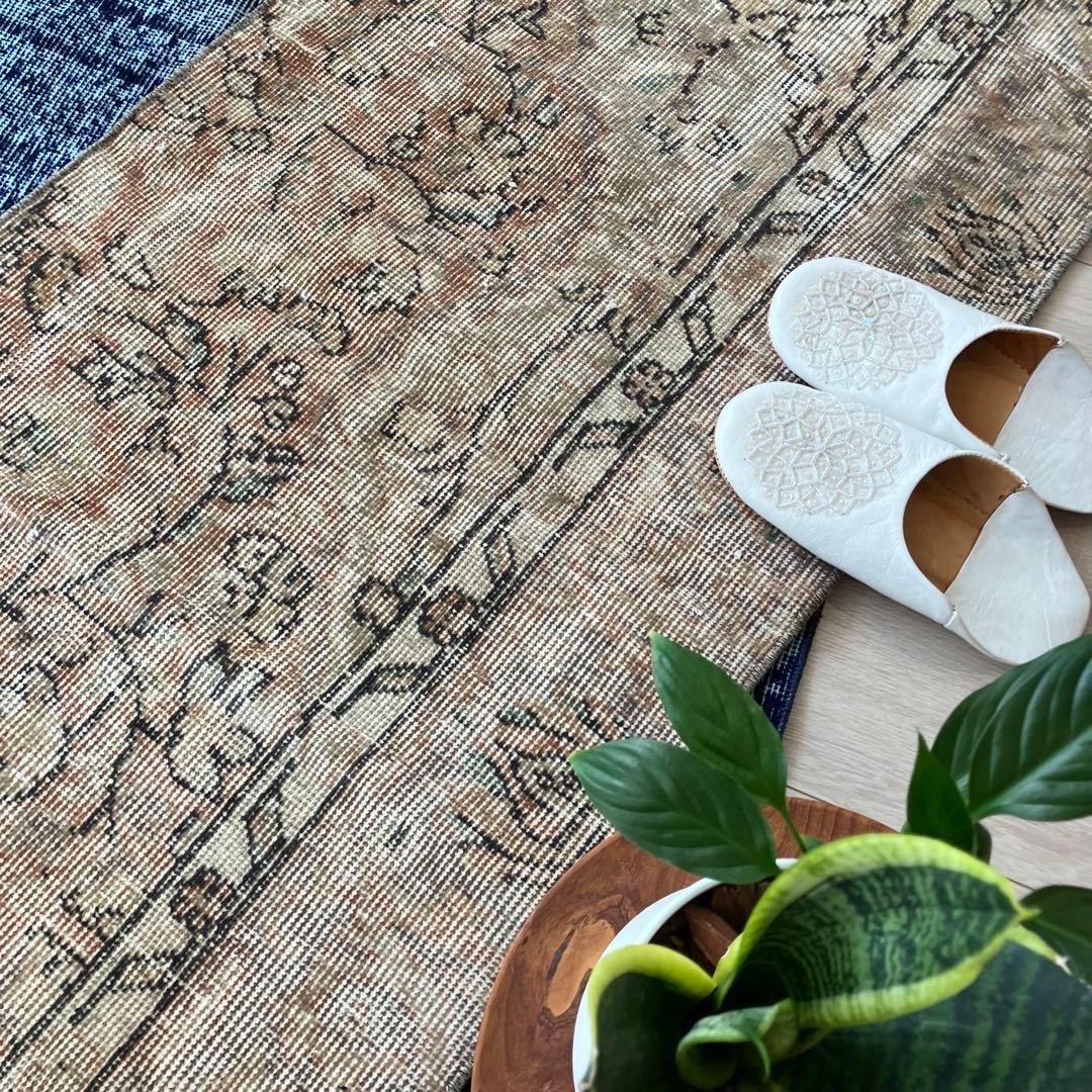 ペールベージュピンク58×189フラワーライン　ランナー　トルコヴィンテージラグ