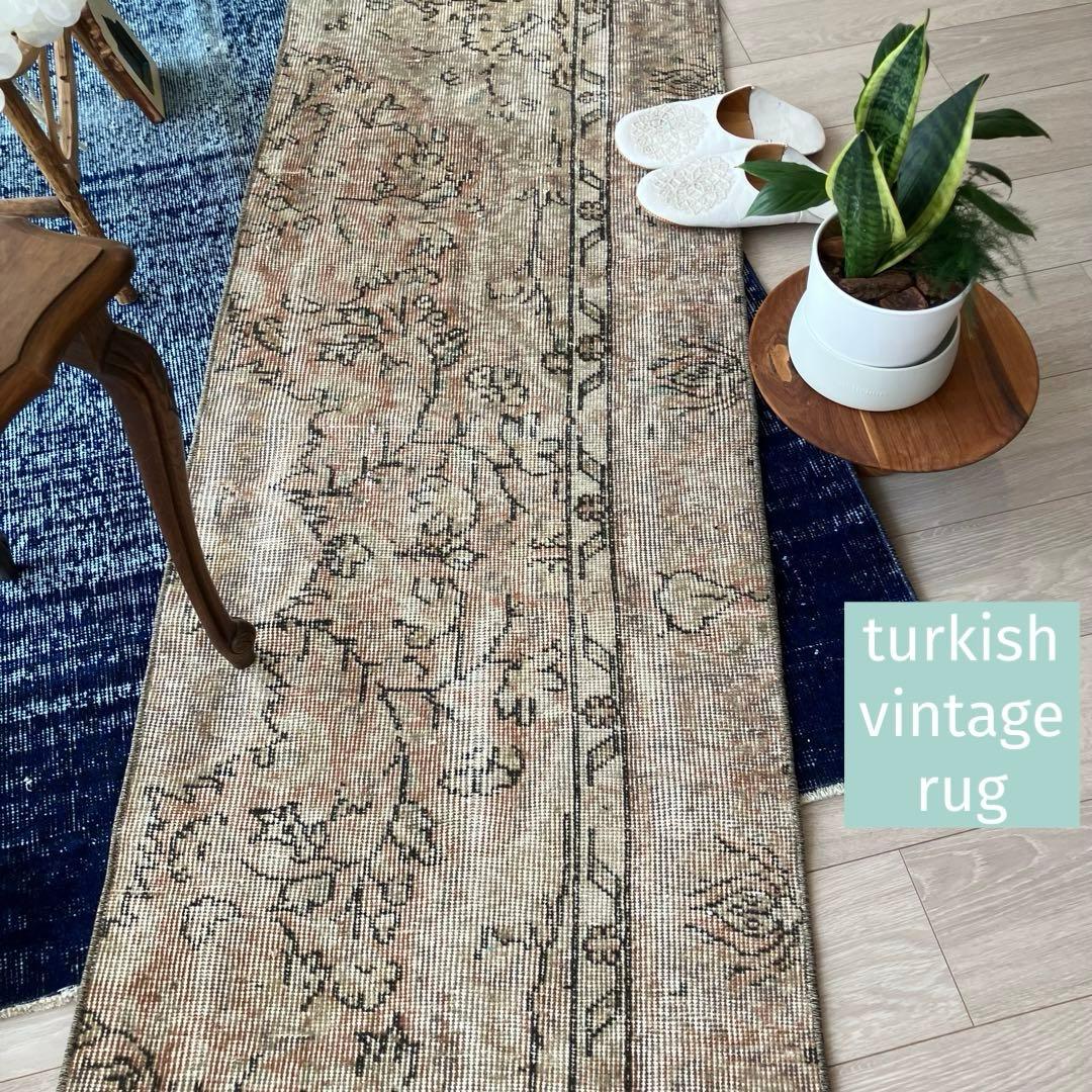 ペールベージュピンク58×189フラワーライン　ランナー　トルコヴィンテージラグ