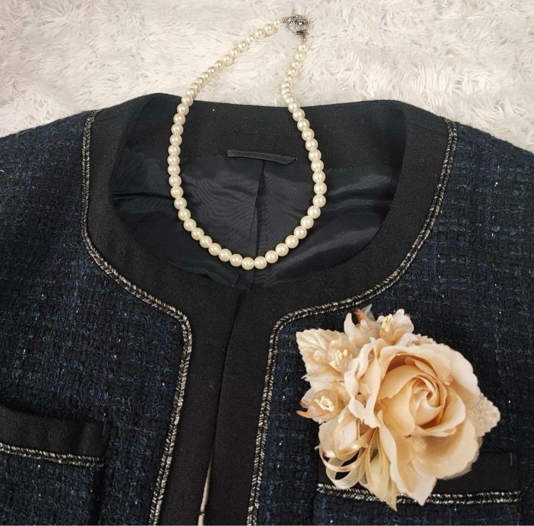 値下げ！素敵ママ♡アナイ ラメツイード ノーカラー セットアップ ネイビー