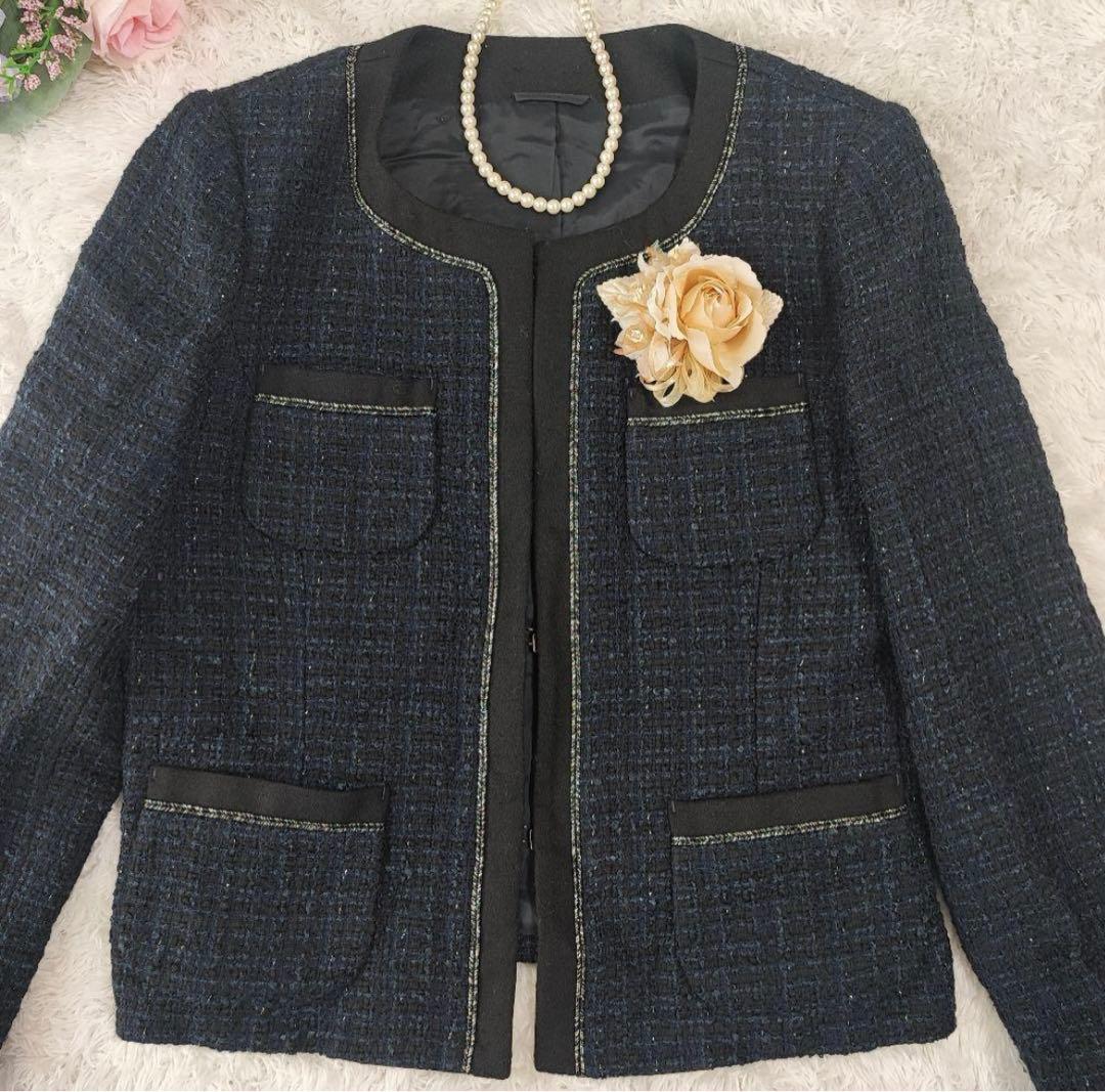 値下げ！素敵ママ♡アナイ ラメツイード ノーカラー セットアップ ネイビー