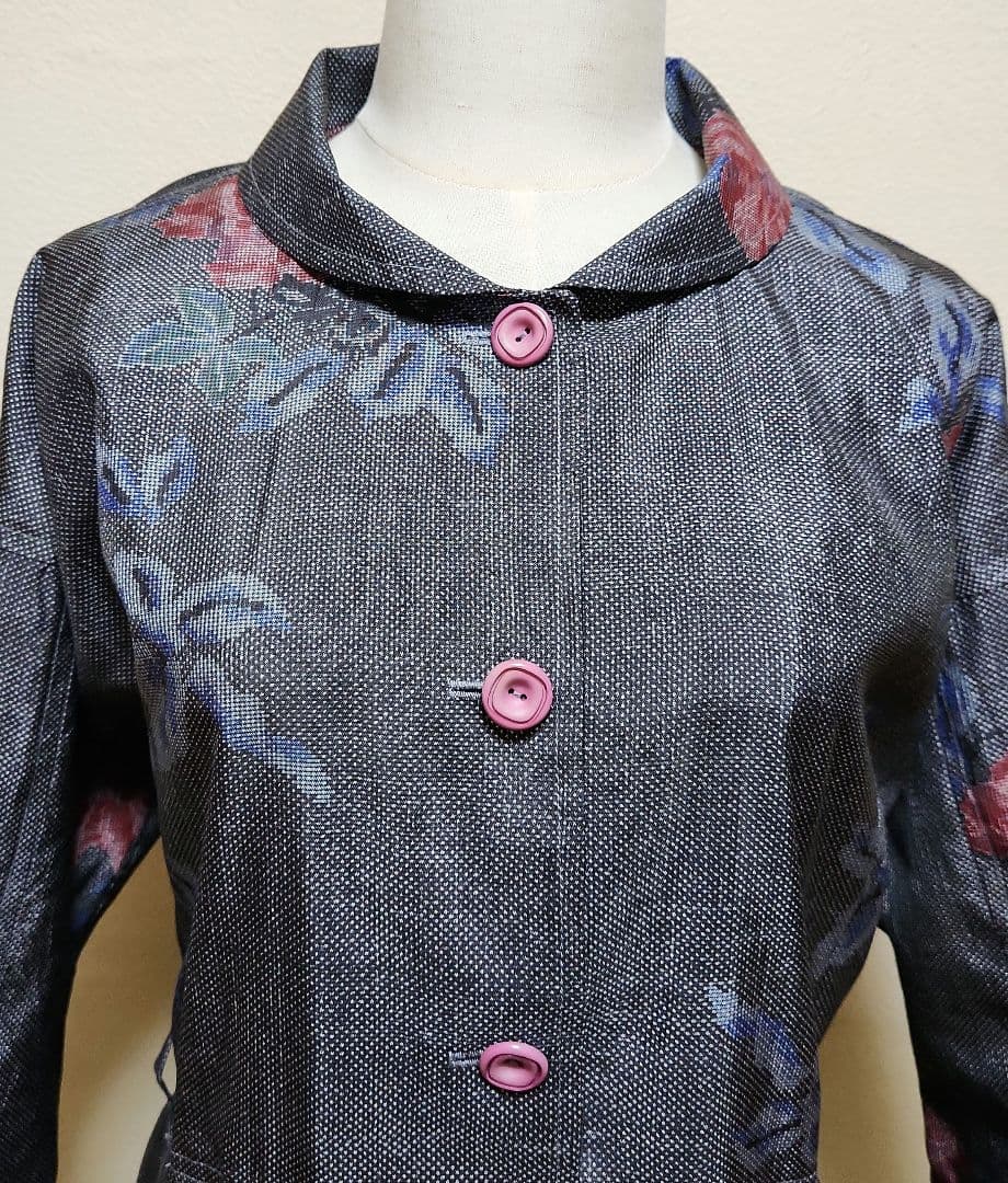 正絹柄大島紬着物リメイク被りタイプウエスト迄前開きフレアーワンピースリボン付き