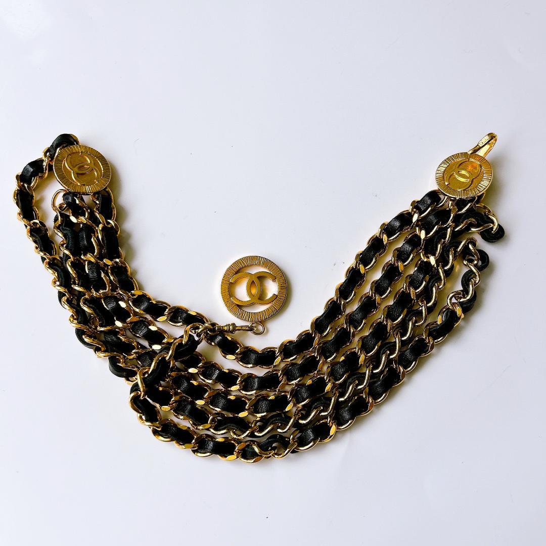 美品 シャネル ゴールドプレート×レザー 1984ココマーク ３連チェーンベルト
