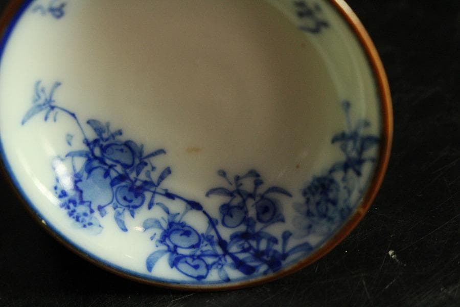 豆青釉 内青花 草花紋 蓋碗 十客(K-A747)