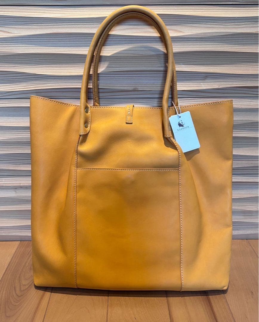 【牛革】イエロートートバッグ 外ポケット付き