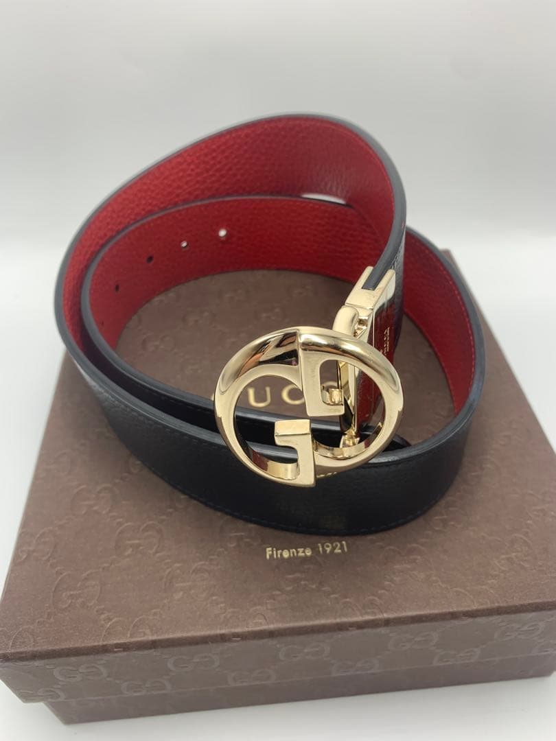 グッチ GUCCI インターロッキングG リバーシブルベルト　カーフ　赤 P55