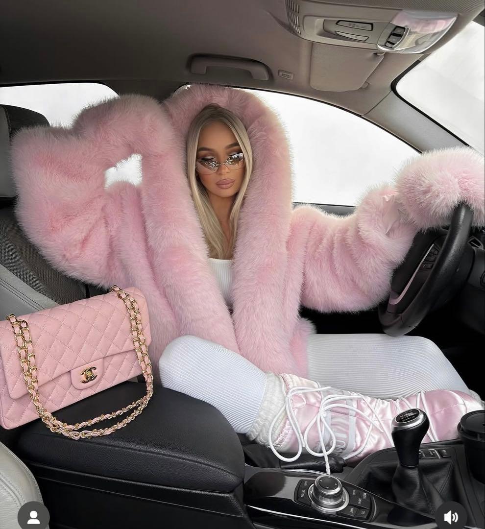 US新品ピンクファージャケットフード付きPink